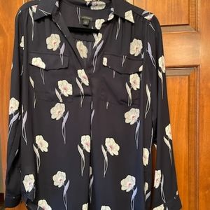 Ann Taylor Dark Blue Long Sleeve Blouse with Off White Floral Detail (M)